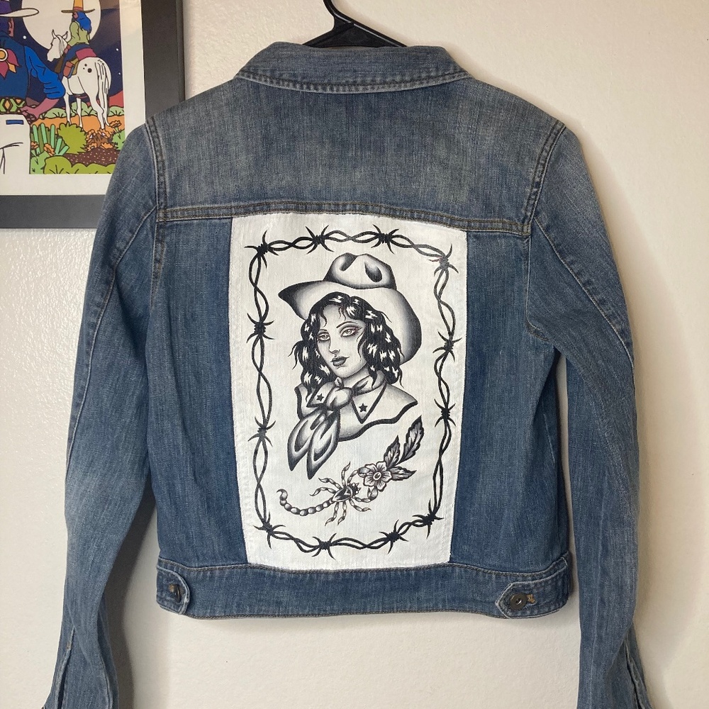 Hand painted lady head denim jacket